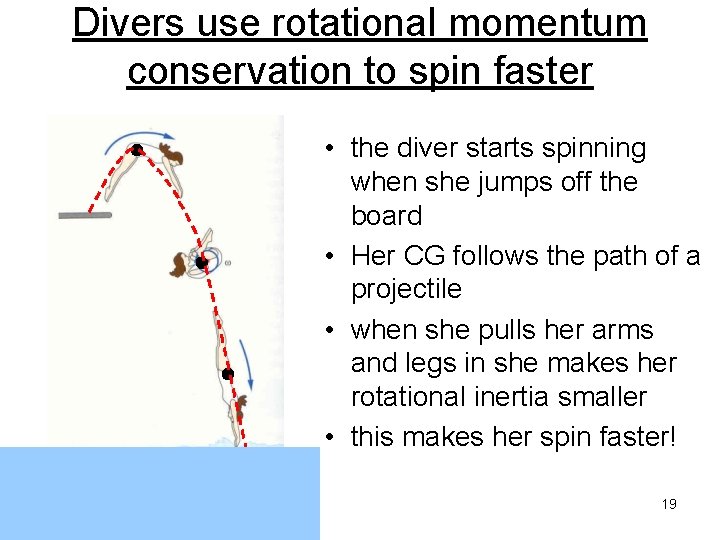 Divers use rotational momentum conservation to spin faster • the diver starts spinning when