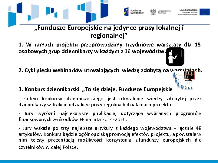 „Fundusze Europejskie na jedynce prasy lokalnej i regionalnej” 1. W ramach projektu przeprowadzimy trzydniowe