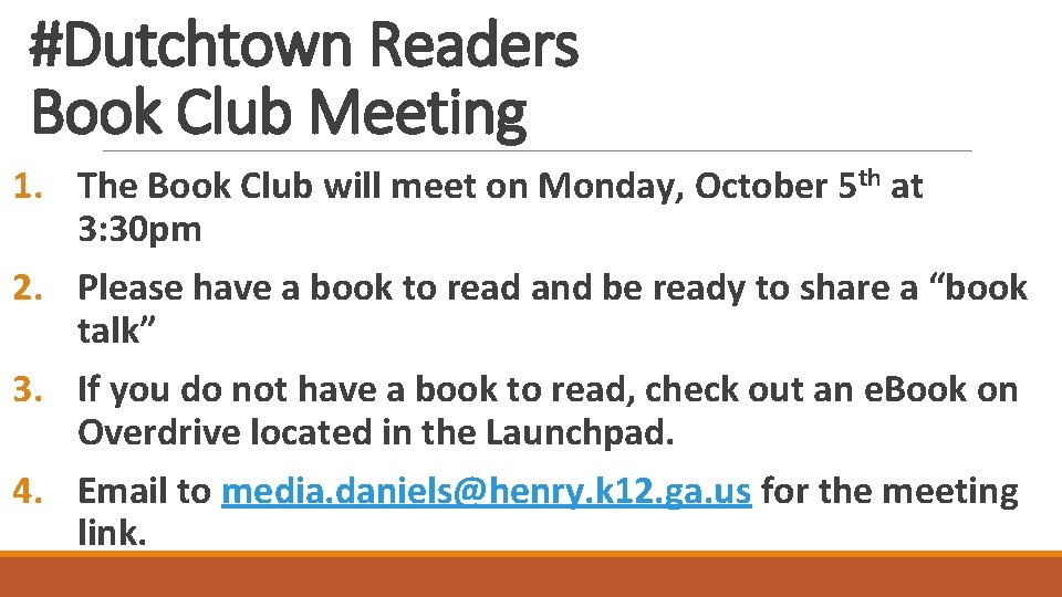 #Dutchtown Readers Book Club Meeting 1. The Book Club will meet on Monday, October