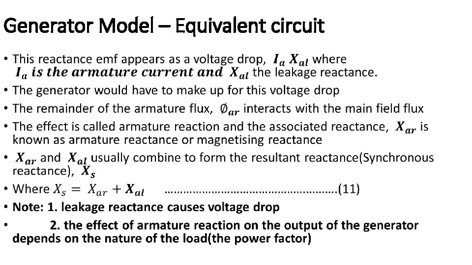 Generator Model – Equivalent circuit • 