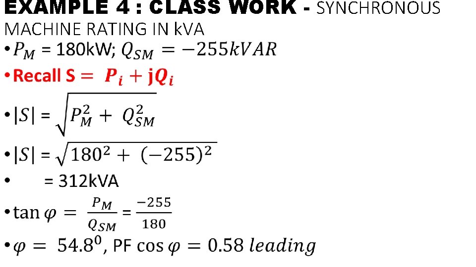 EXAMPLE 4 : CLASS WORK - SYNCHRONOUS MACHINE RATING IN k. VA • 