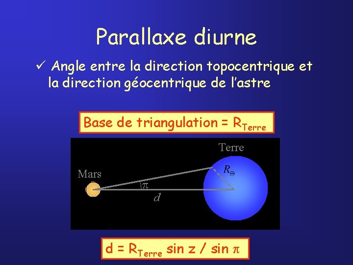 Parallaxe diurne ü Angle entre la direction topocentrique et la direction géocentrique de l’astre