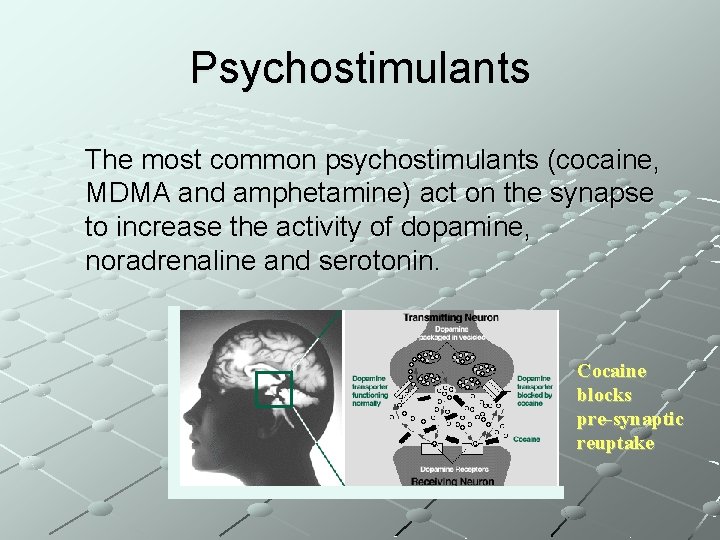 Psychostimulants The most common psychostimulants (cocaine, MDMA and amphetamine) act on the synapse to