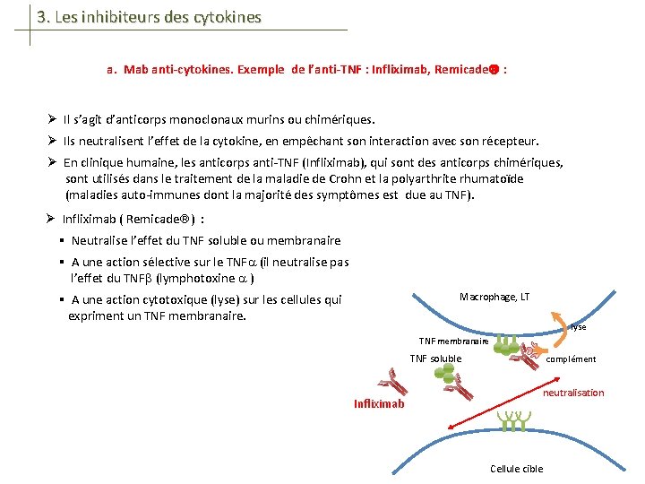 3. Les inhibiteurs des cytokines a. Mab anti-cytokines. Exemple de l’anti-TNF : Infliximab, Remicade