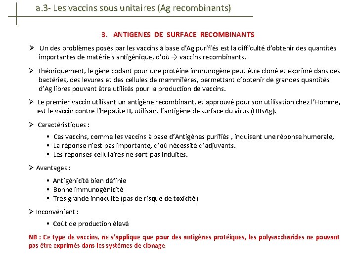 a. 3 - Les vaccins sous unitaires (Ag recombinants) 3. ANTIGENES DE SURFACE RECOMBINANTS