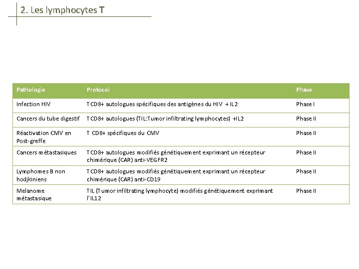 2. Les lymphocytes T Pathologie Protocol Phase Infection HIV TCD 8+ autologues spécifiques des