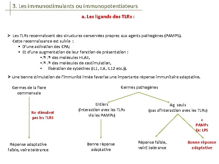 3. Les immunostimulants ou immunopotentiateurs a. Les ligands des TLRs : Ø Les TLRs