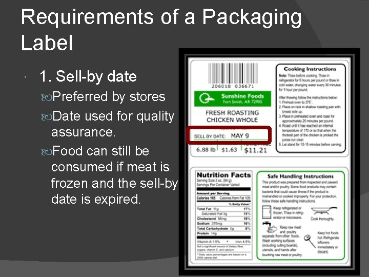 Requirements of a Packaging Label 1. Sell-by date Preferred by stores Date used for