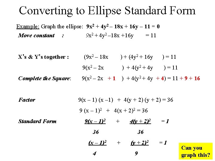 Converting to Ellipse Standard Form Example: Graph the ellipse: 9 x 2 + 4