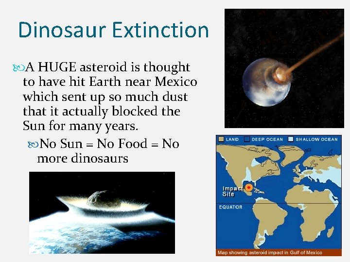 Dinosaur Extinction A HUGE asteroid is thought to have hit Earth near Mexico which