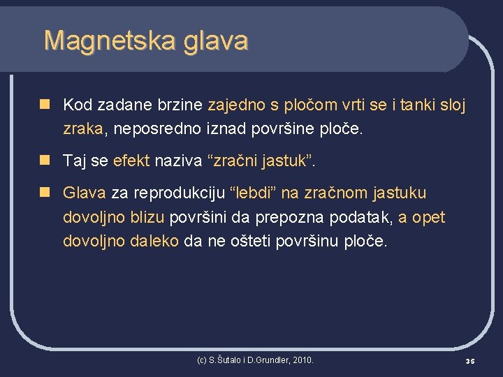 Magnetska glava n Kod zadane brzine zajedno s pločom vrti se i tanki sloj