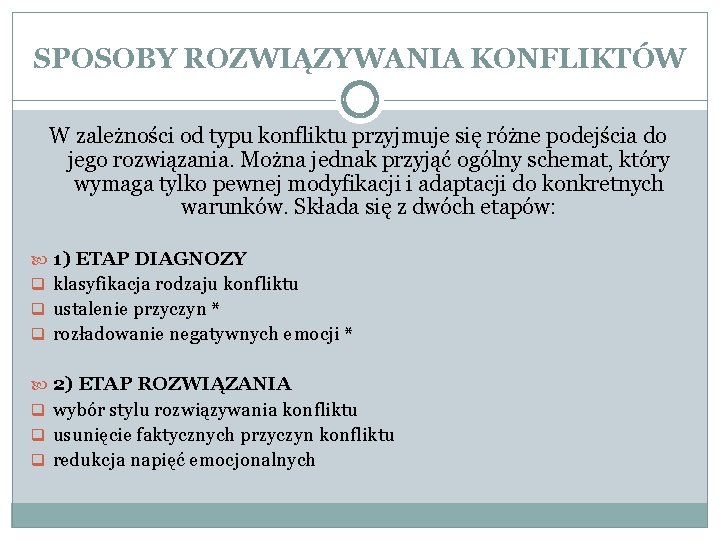 SPOSOBY ROZWIĄZYWANIA KONFLIKTÓW W zależności od typu konfliktu przyjmuje się różne podejścia do jego