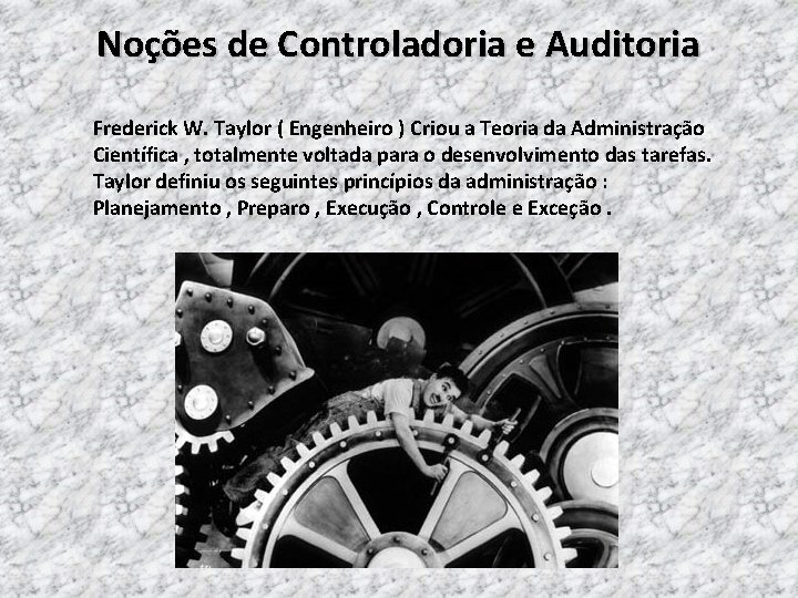 Noções de Controladoria e Auditoria Frederick W. Taylor ( Engenheiro ) Criou a Teoria