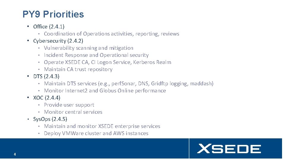 PY 9 Priorities • Office (2. 4. 1) • Coordination of Operations activities, reporting,