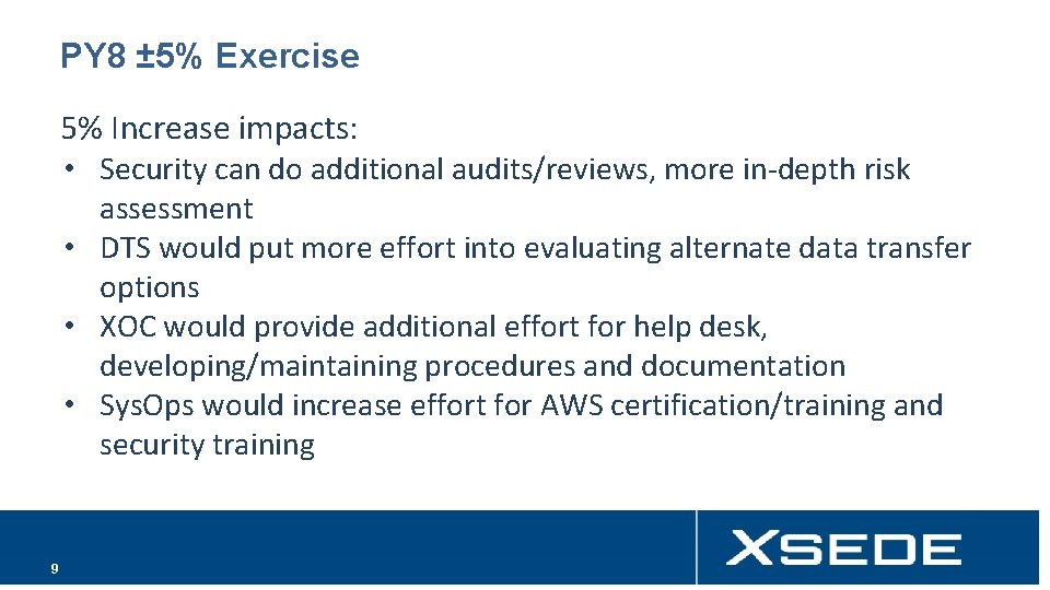 PY 8 ± 5% Exercise 5% Increase impacts: • Security can do additional audits/reviews,