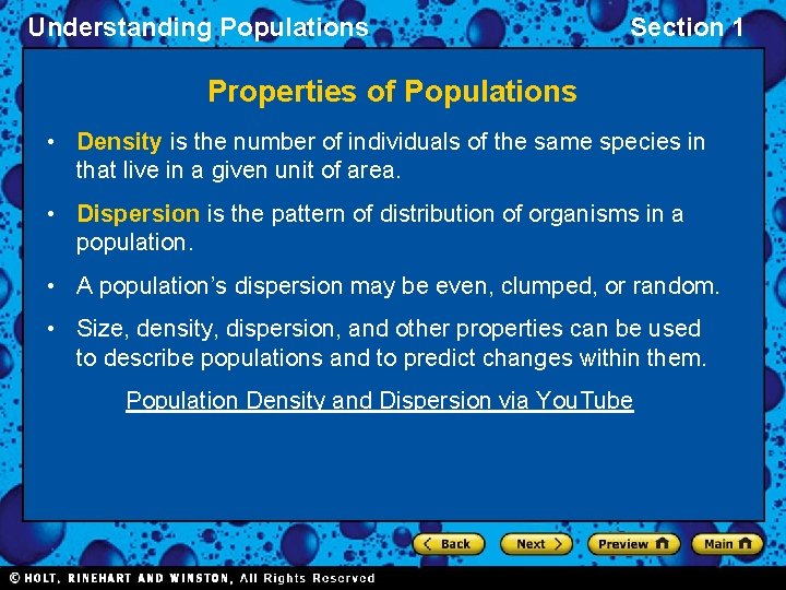 Understanding Populations Section 1 Properties of Populations • Density is the number of individuals