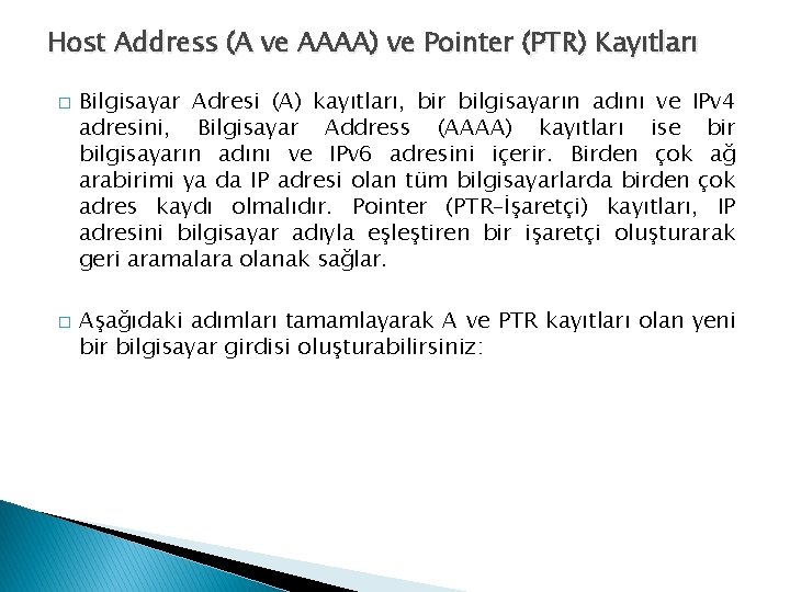 Host Address (A ve AAAA) ve Pointer (PTR) Kayıtları � � Bilgisayar Adresi (A)