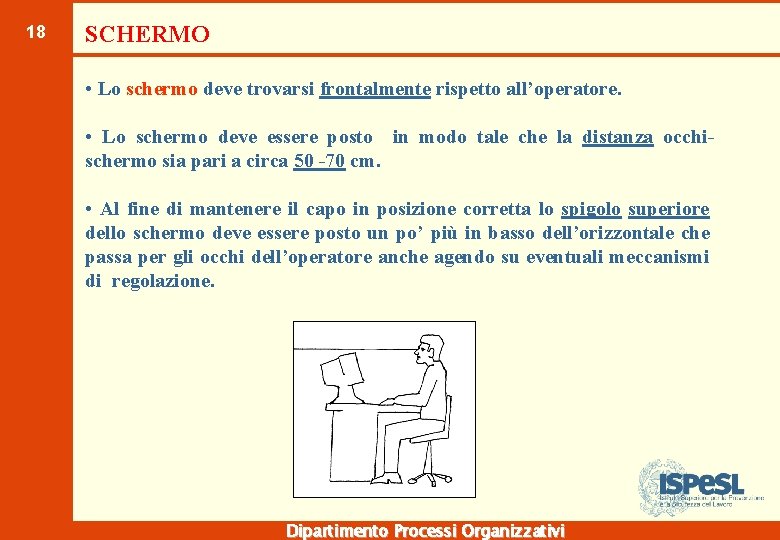 18 SCHERMO • Lo schermo deve trovarsi frontalmente rispetto all’operatore. • Lo schermo deve