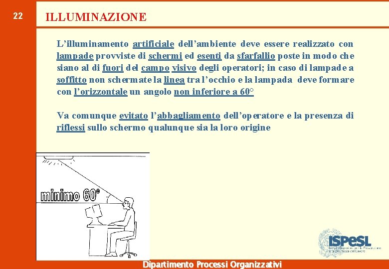 22 ILLUMINAZIONE L’illuminamento artificiale dell’ambiente deve essere realizzato con lampade provviste di schermi ed