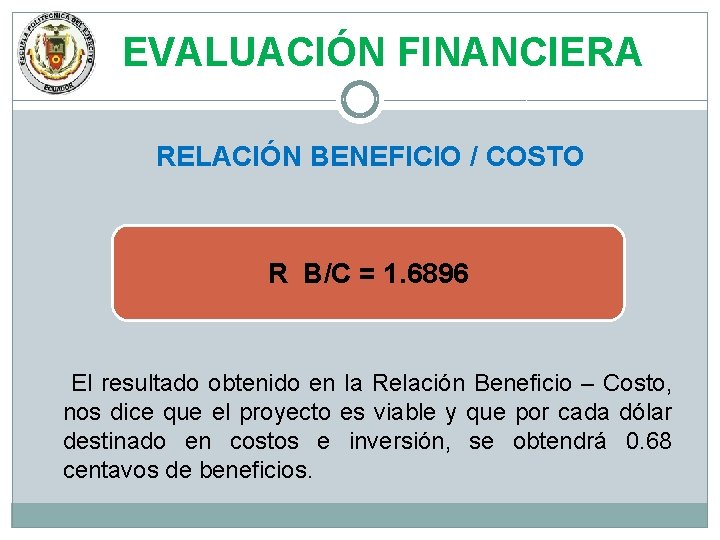 EVALUACIÓN FINANCIERA RELACIÓN BENEFICIO / COSTO R B/C = 1. 6896 El resultado obtenido