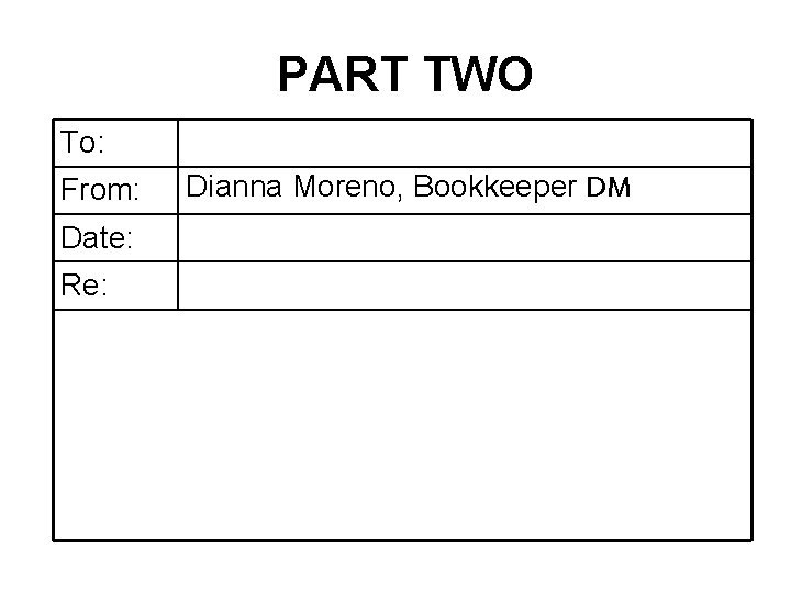 PART TWO To: From: Date: Re: Dianna Moreno, Bookkeeper DM 
