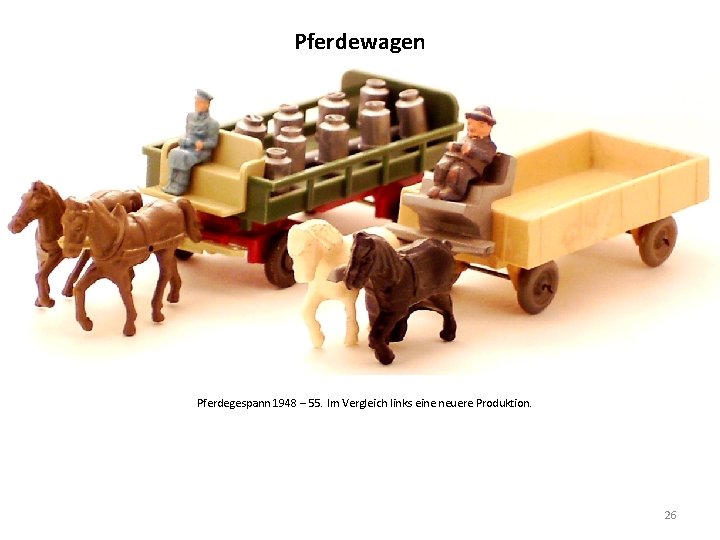 Pferdewagen Pferdegespann 1948 – 55. Im Vergleich links eine neuere Produktion. 26 