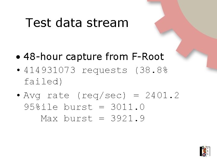 Test data stream • 48 -hour capture from F-Root • 414931073 requests (38. 8%