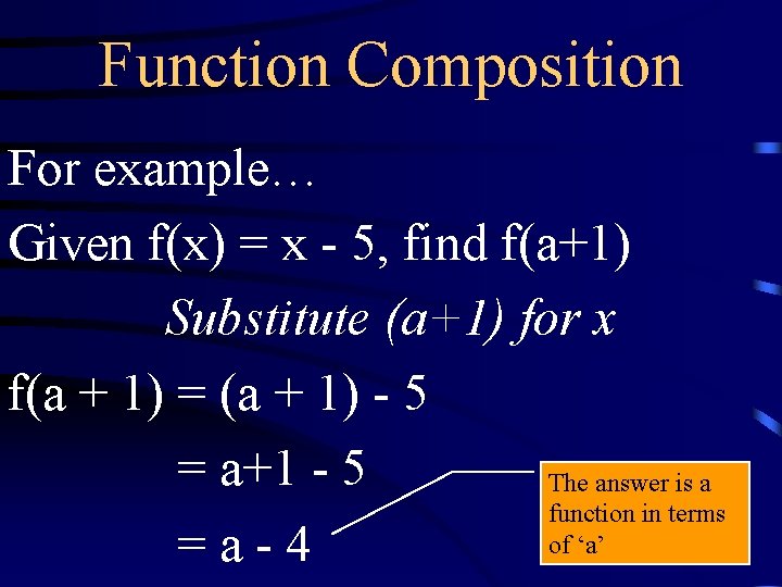 Function Composition For example… Given f(x) = x - 5, find f(a+1) Substitute (a+1)