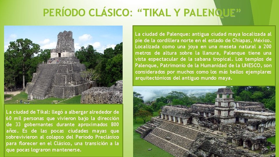 PERÍODO CLÁSICO: “TIKAL Y PALENQUE” La ciudad de Palenque: antigua ciudad maya localizada al