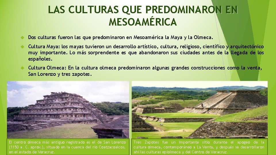 LAS CULTURAS QUE PREDOMINARON EN MESOAMÉRICA Dos culturas fueron las que predominaron en Mesoamérica