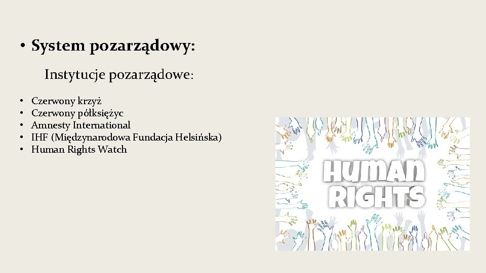  • System pozarządowy: Instytucje pozarządowe: • • • Czerwony krzyż Czerwony półksiężyc Amnesty