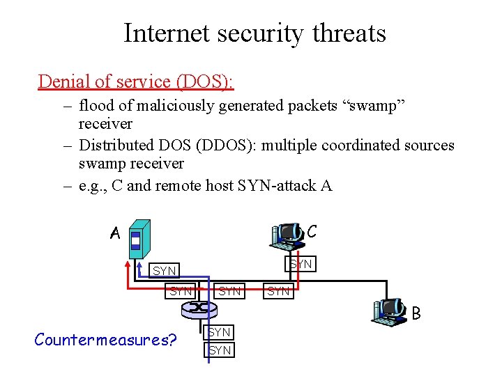 Internet security threats Denial of service (DOS): – flood of maliciously generated packets “swamp”