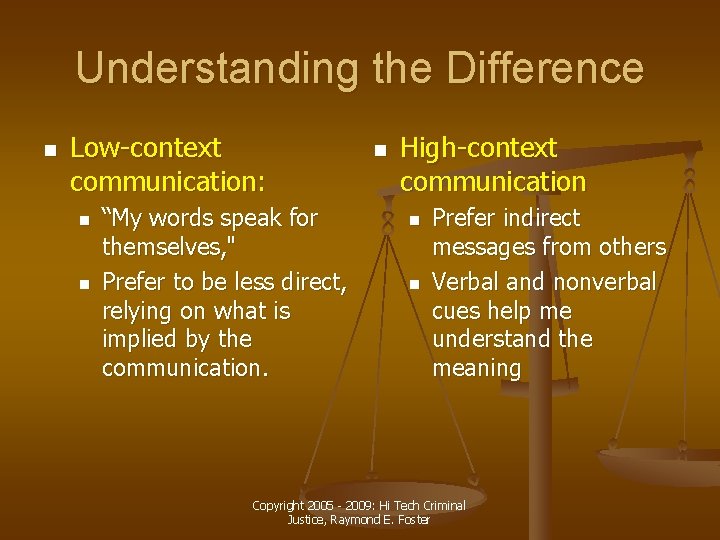 Understanding the Difference n Low-context communication: n n “My words speak for themselves, "
