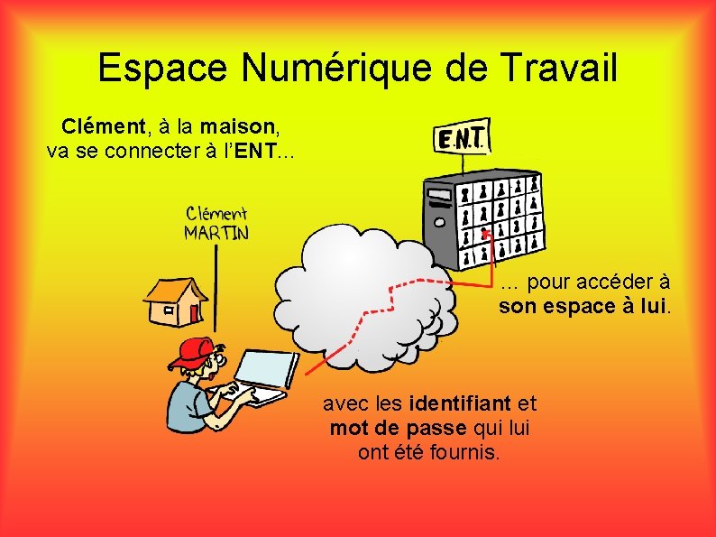Espace Numérique de Travail Clément, à la maison, va se connecter à l’ENT. .