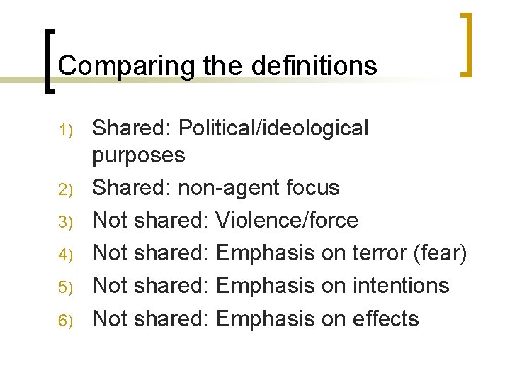 Comparing the definitions 1) 2) 3) 4) 5) 6) Shared: Political/ideological purposes Shared: non-agent