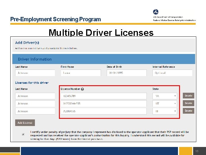 Pre-Employment Screening Program Multiple Driver Licenses 16 
