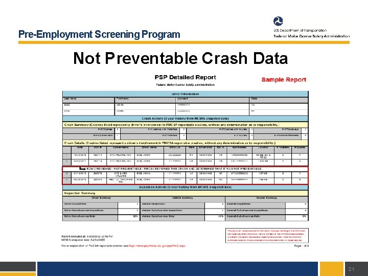 Pre-Employment Screening Program Not Preventable Crash Data 21 