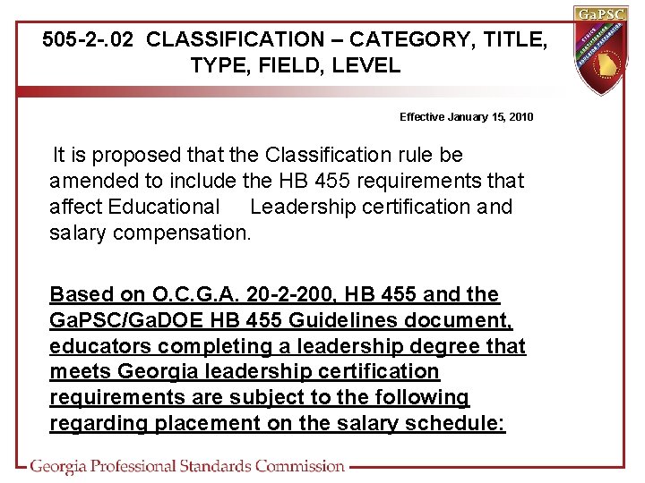 505 -2 -. 02 CLASSIFICATION – CATEGORY, TITLE, TYPE, FIELD, LEVEL Effective January 15,