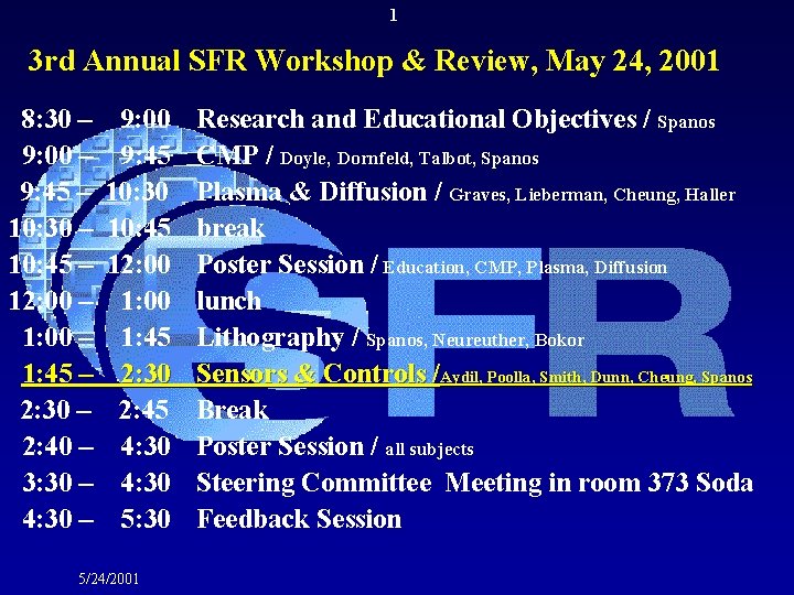 1 3 rd Annual SFR Workshop & Review, May 24, 2001 8: 30 –