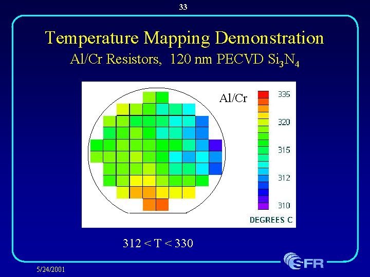 33 Temperature Mapping Demonstration Al/Cr Resistors, 120 nm PECVD Si 3 N 4 Al/Cr