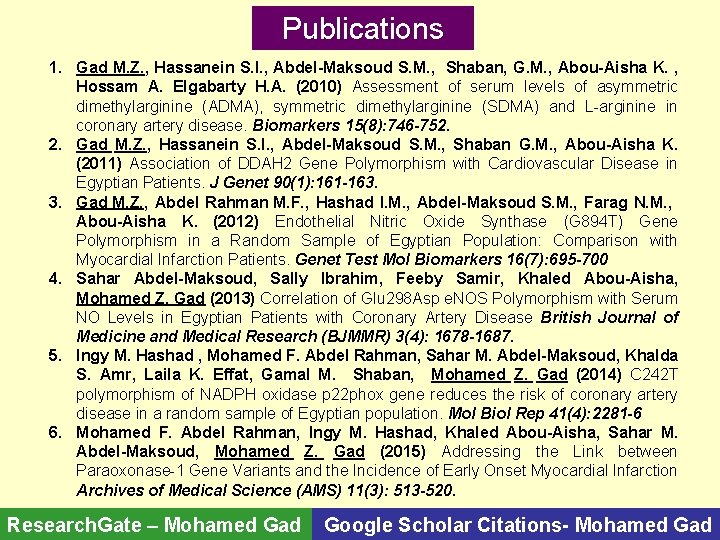 Publications 1. Gad M. Z. , Hassanein S. I. , Abdel-Maksoud S. M. ,