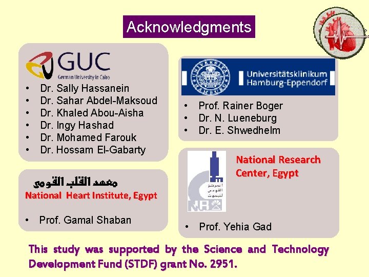 Acknowledgments • • • Dr. Sally Hassanein Dr. Sahar Abdel-Maksoud Dr. Khaled Abou-Aisha Dr.