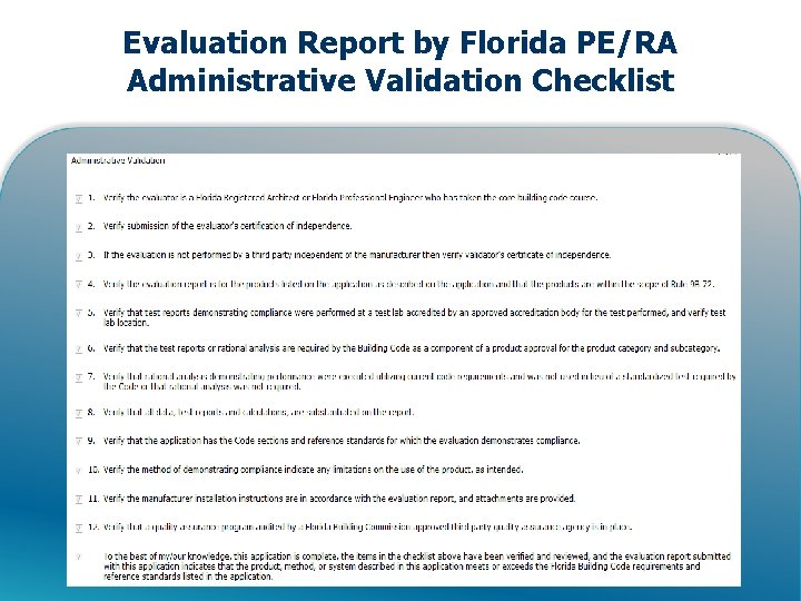 Evaluation Report by Florida PE/RA Administrative Validation Checklist 