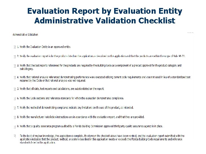 Evaluation Report by Evaluation Entity Administrative Validation Checklist 