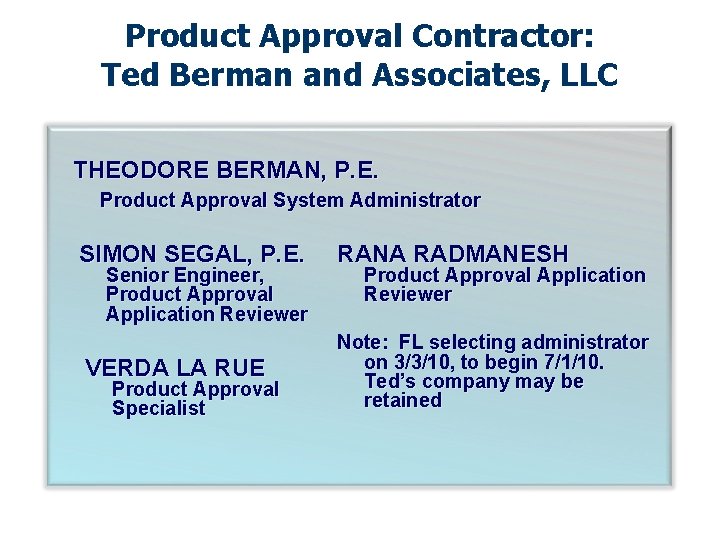 Product Approval Contractor: Ted Berman and Associates, LLC THEODORE BERMAN, P. E. Product Approval