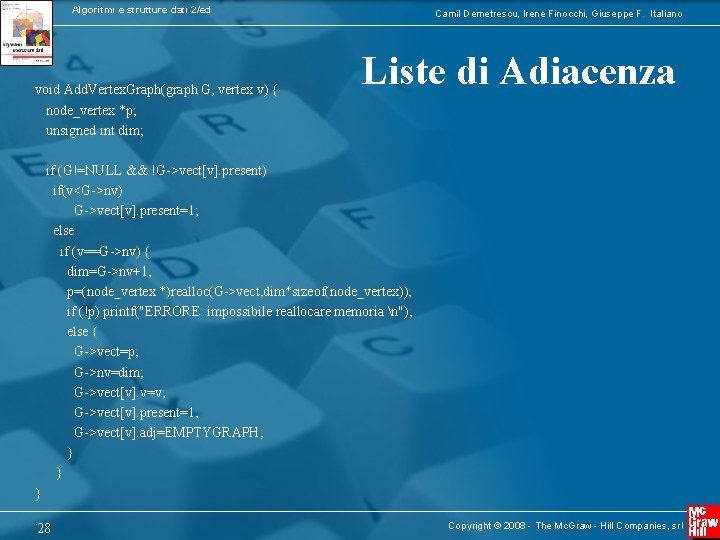 Algoritmi e strutture dati 2/ed void Add. Vertex. Graph(graph G, vertex v) { node_vertex