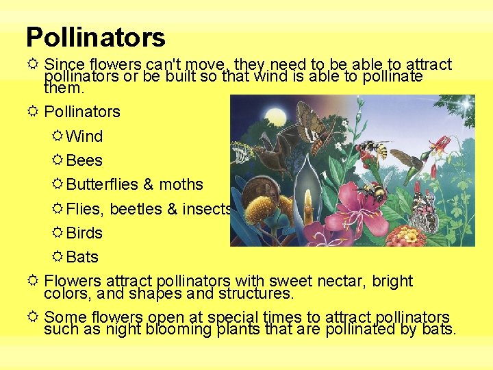 Pollinators Since flowers can't move, they need to be able to attract pollinators or