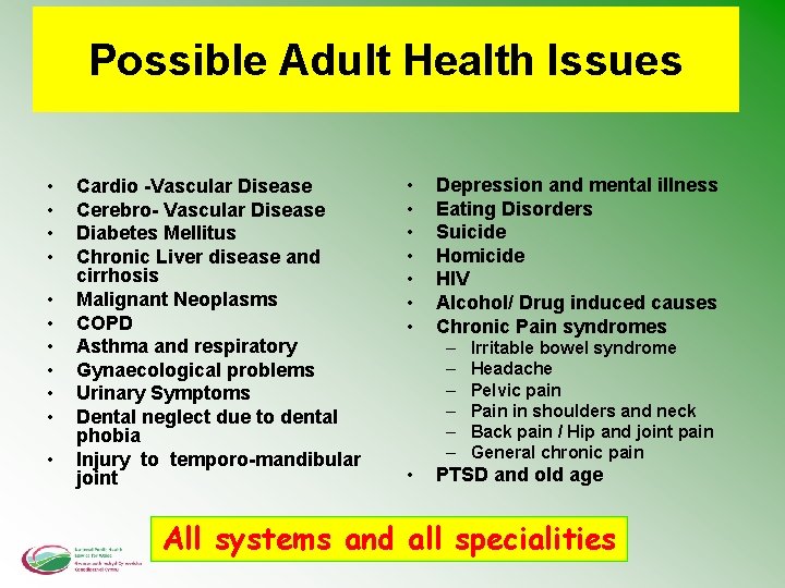 Possible Adult Health Issues • • • Cardio -Vascular Disease Cerebro- Vascular Disease Diabetes