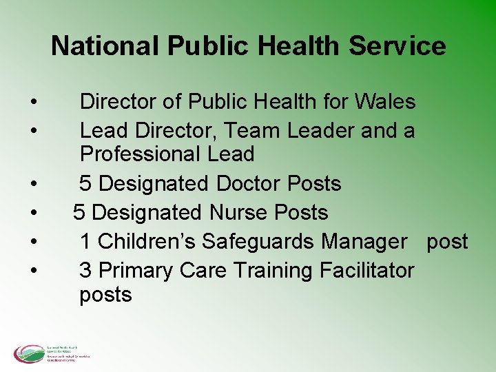 National Public Health Service • • • Director of Public Health for Wales Lead