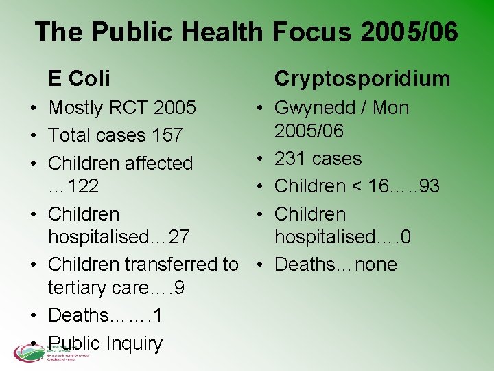 The Public Health Focus 2005/06 E Coli • Mostly RCT 2005 • Total cases